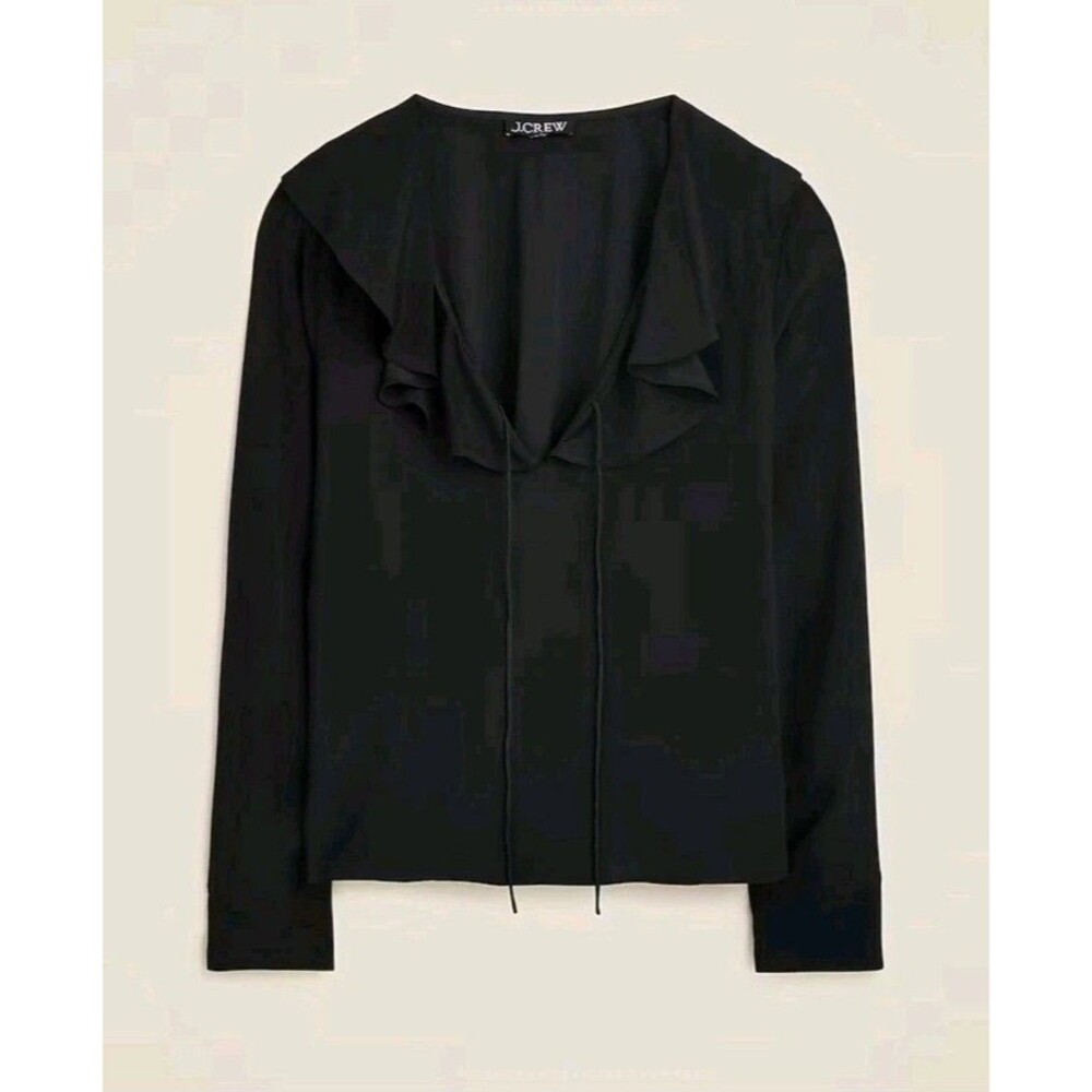 NEW J. Crew Goldie Top in Satin Black Ruffles Tie Neck CD054 MSRP $98 Size L